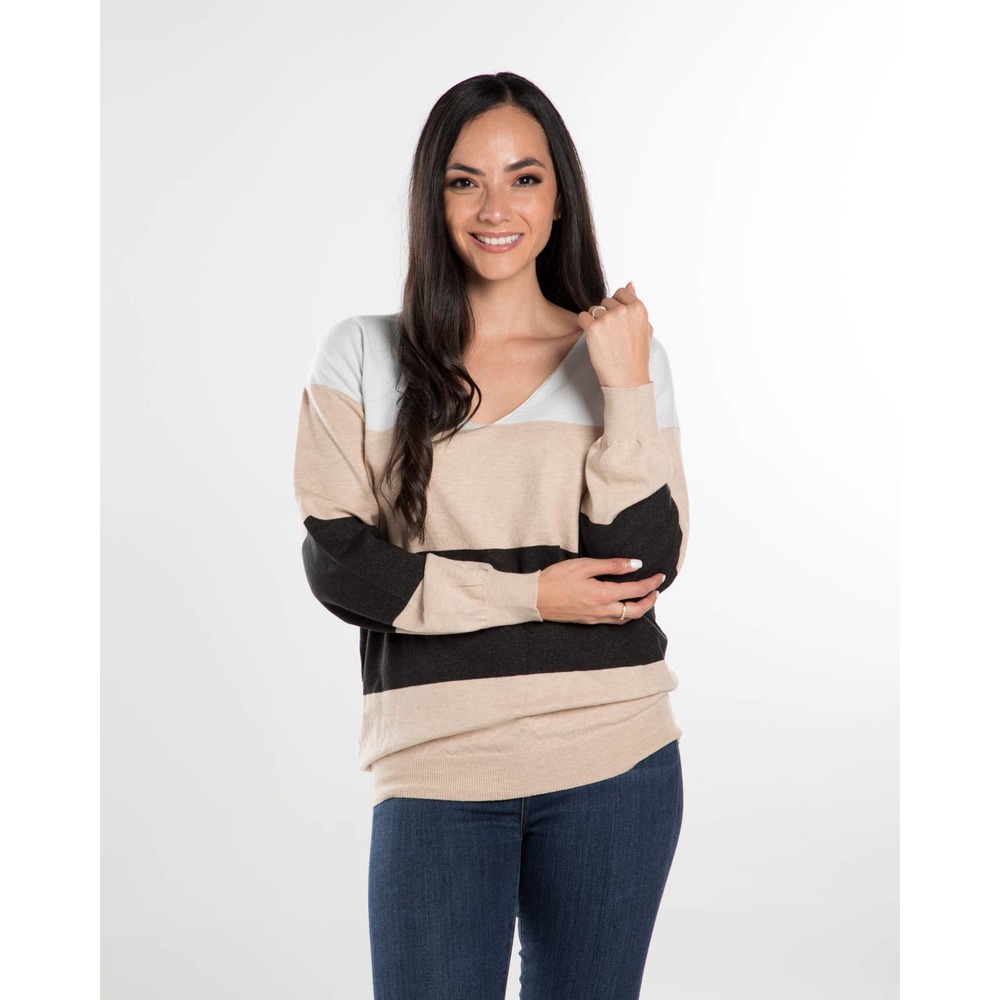 Beige Black Knitted Color Block Sweater - Picture 4 of 7